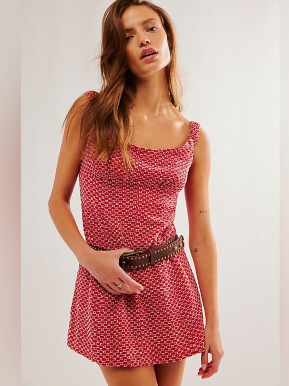 Free People Women’s Red Patterned Spaghetti Strap Dress